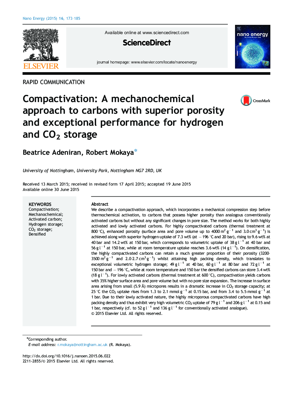 Compactivation: A mechanochemical approach to carbons with superior porosity and exceptional performance for hydrogen and CO2 storage