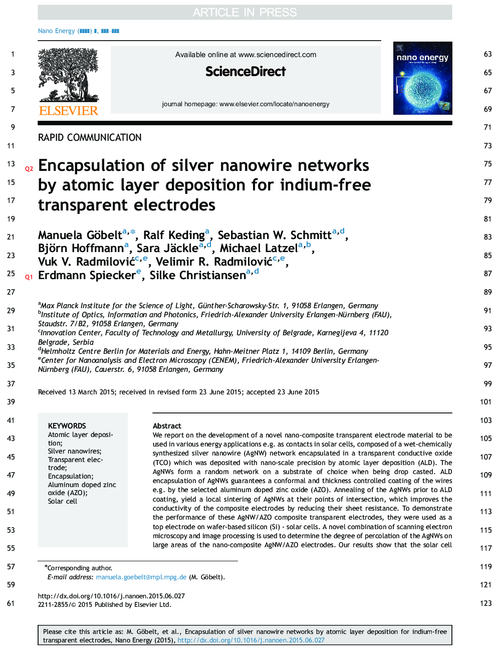 Encapsulation of silver nanowire networks by atomic layer deposition for indium-free transparent electrodes