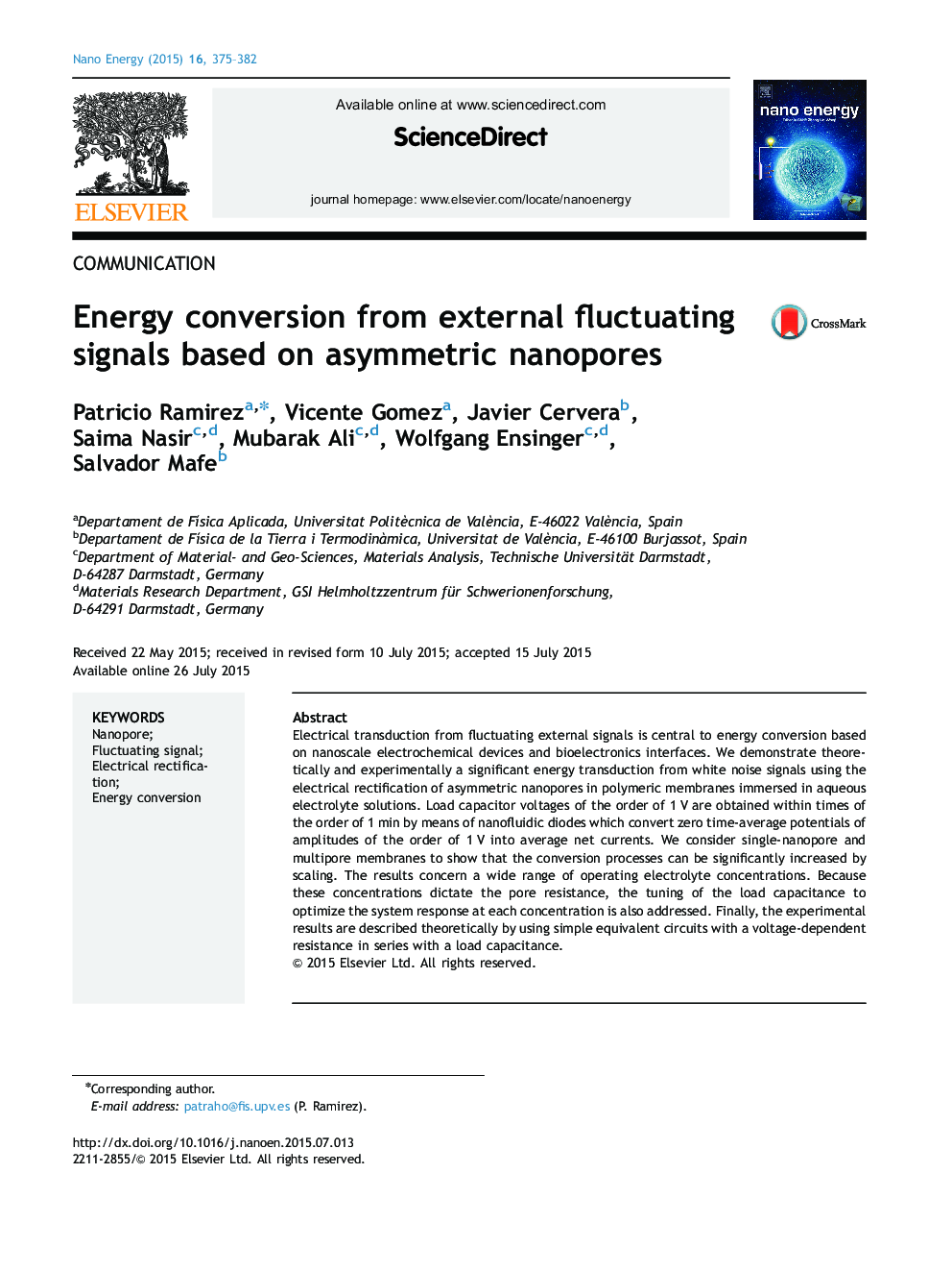 Energy conversion from external fluctuating signals based on asymmetric nanopores
