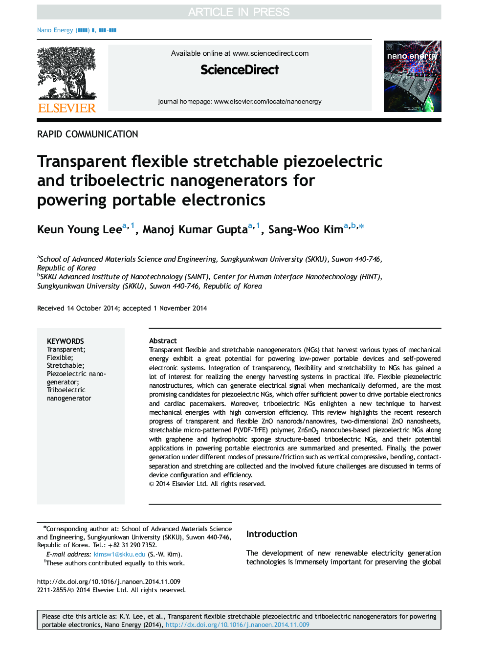 نانوژنراتورهای پیزوالکتریک و انعطاف پذیر قابل انعطاف شفاف برای تامین برق الکترونیک قابل حمل 