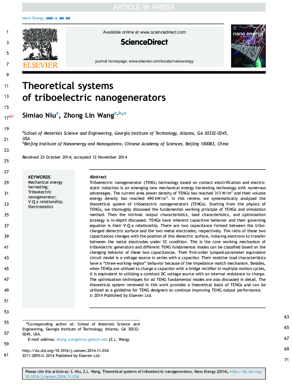 Theoretical systems of triboelectric nanogenerators