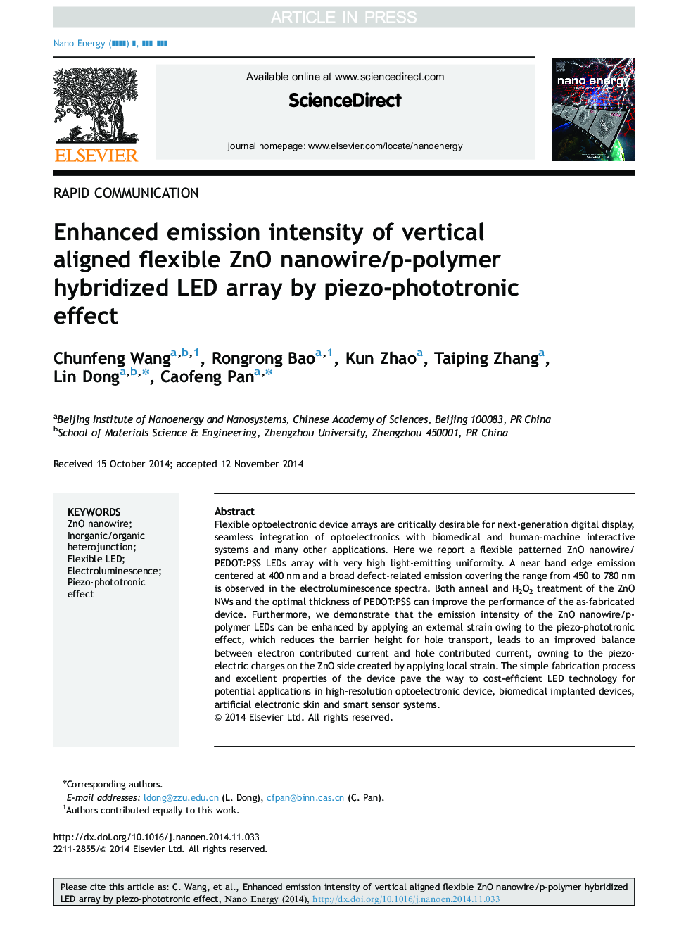 Enhanced emission intensity of vertical aligned flexible ZnO nanowire/p-polymer hybridized LED array by piezo-phototronic effect
