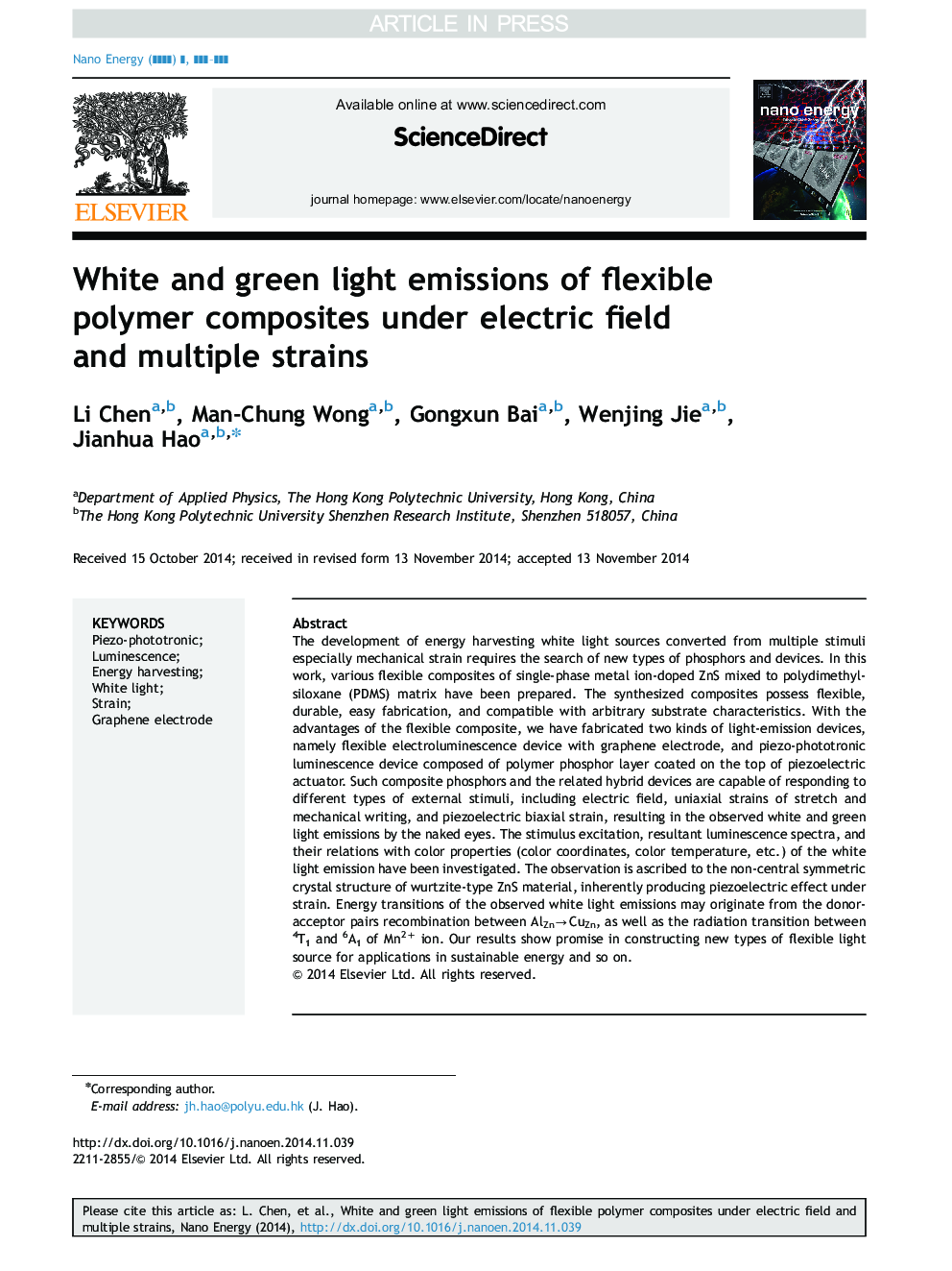 White and green light emissions of flexible polymer composites under electric field and multiple strains