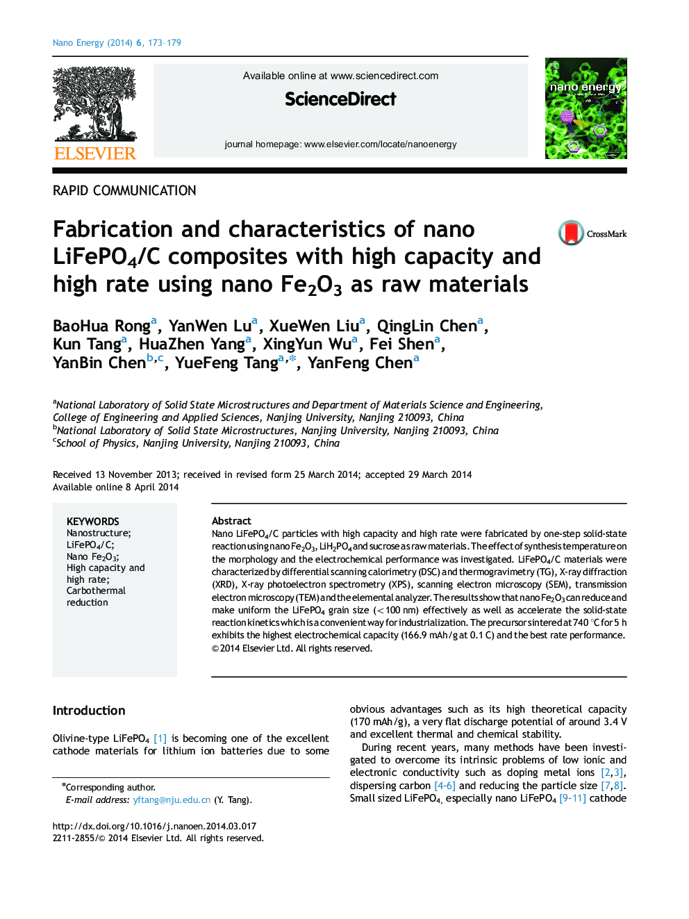 Fabrication and characteristics of nano LiFePO4/C composites with high capacity and high rate using nano Fe2O3 as raw materials