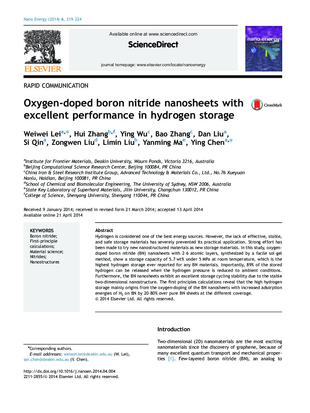 Oxygen-doped boron nitride nanosheets with excellent performance in hydrogen storage