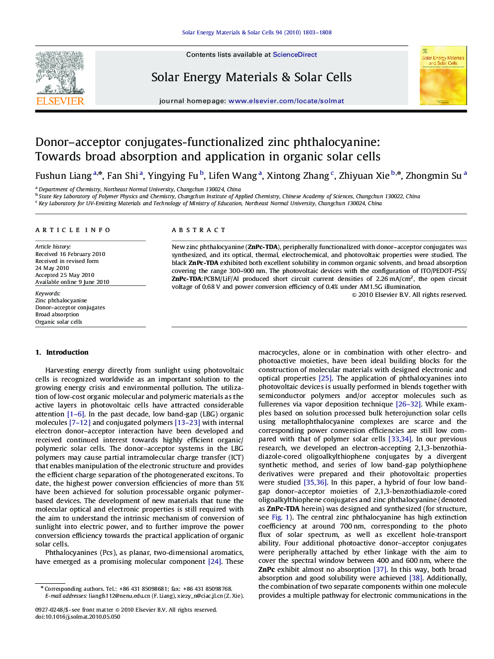 Donor–acceptor conjugates-functionalized zinc phthalocyanine: Towards broad absorption and application in organic solar cells