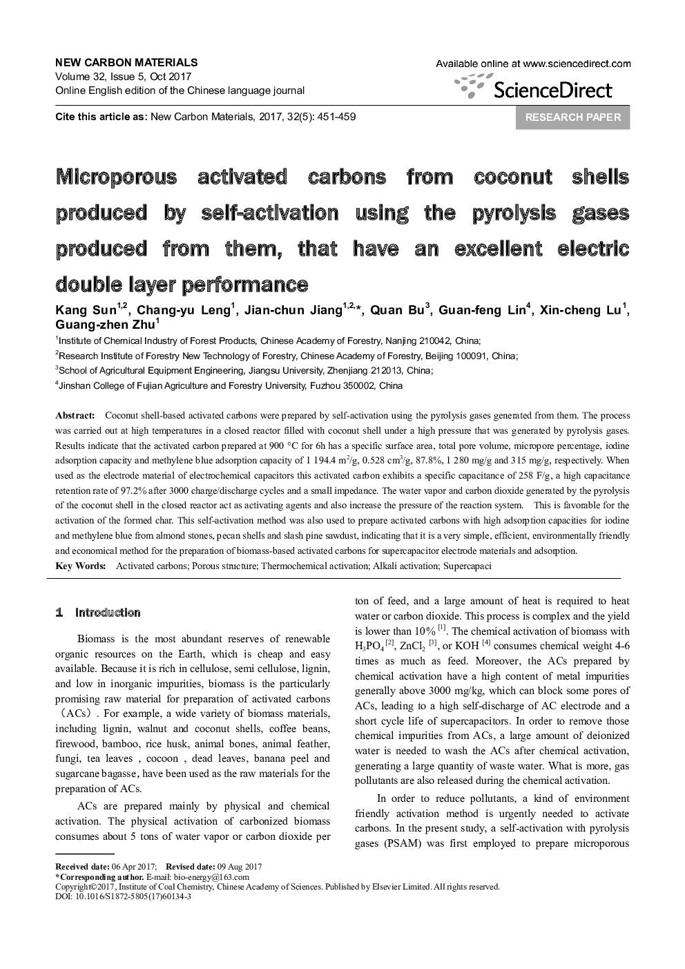 Microporous activated carbons from coconut shells produced by self-activation using the pyrolysis gases produced from them, that have an excellent electric double layer performance