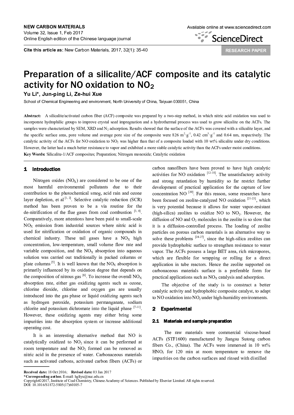 Preparation of a silicalite/ACF composite and its catalytic activity for NO oxidation to NO2