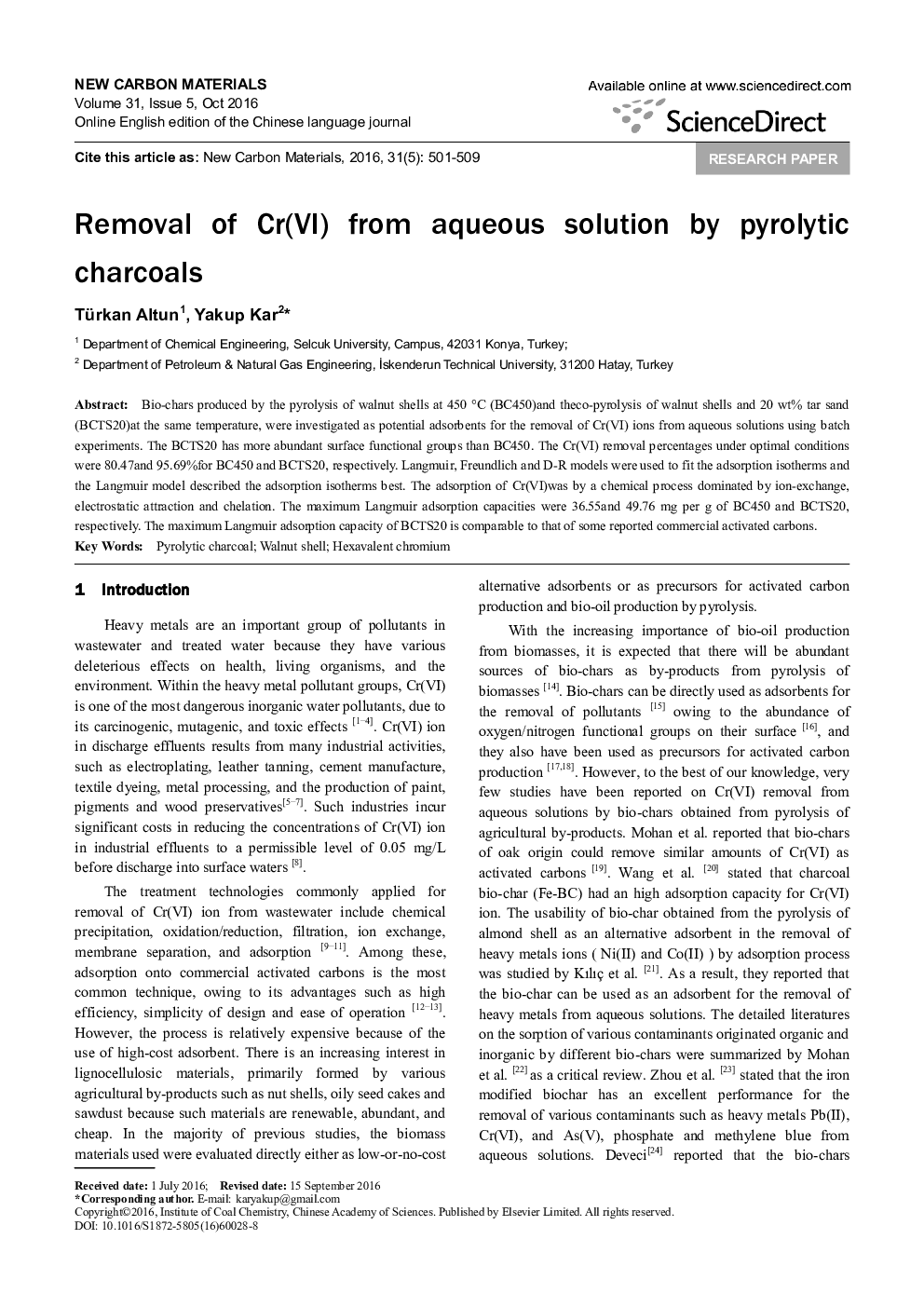 Removal of Cr(VI) from aqueous solution by pyrolytic charcoals