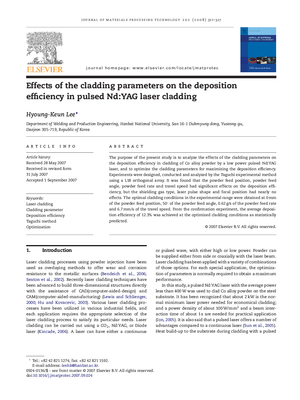 Effects of the cladding parameters on the deposition efficiency in pulsed Nd:YAG laser cladding