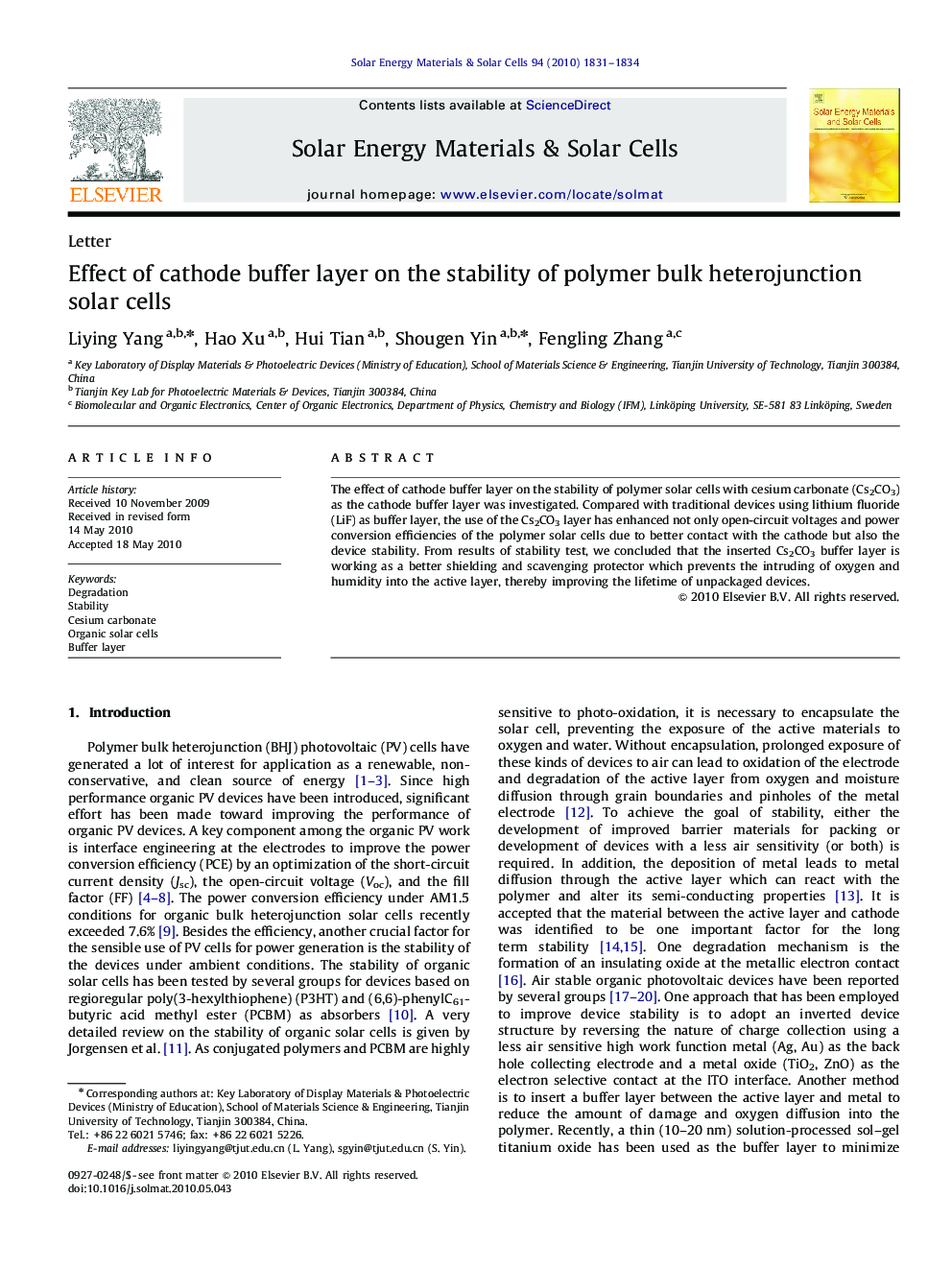 Effect of cathode buffer layer on the stability of polymer bulk heterojunction solar cells