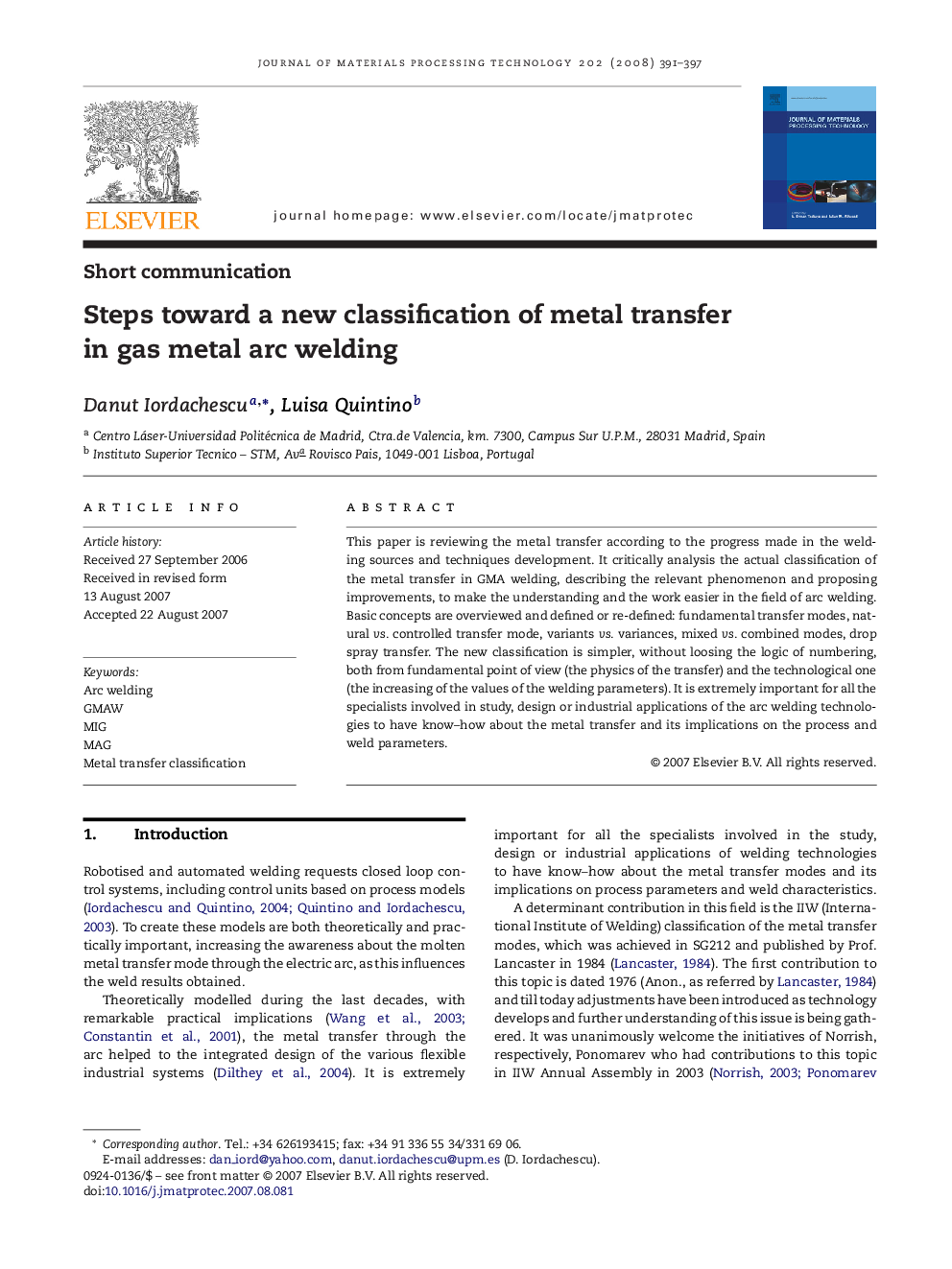 Steps toward a new classification of metal transfer in gas metal arc welding