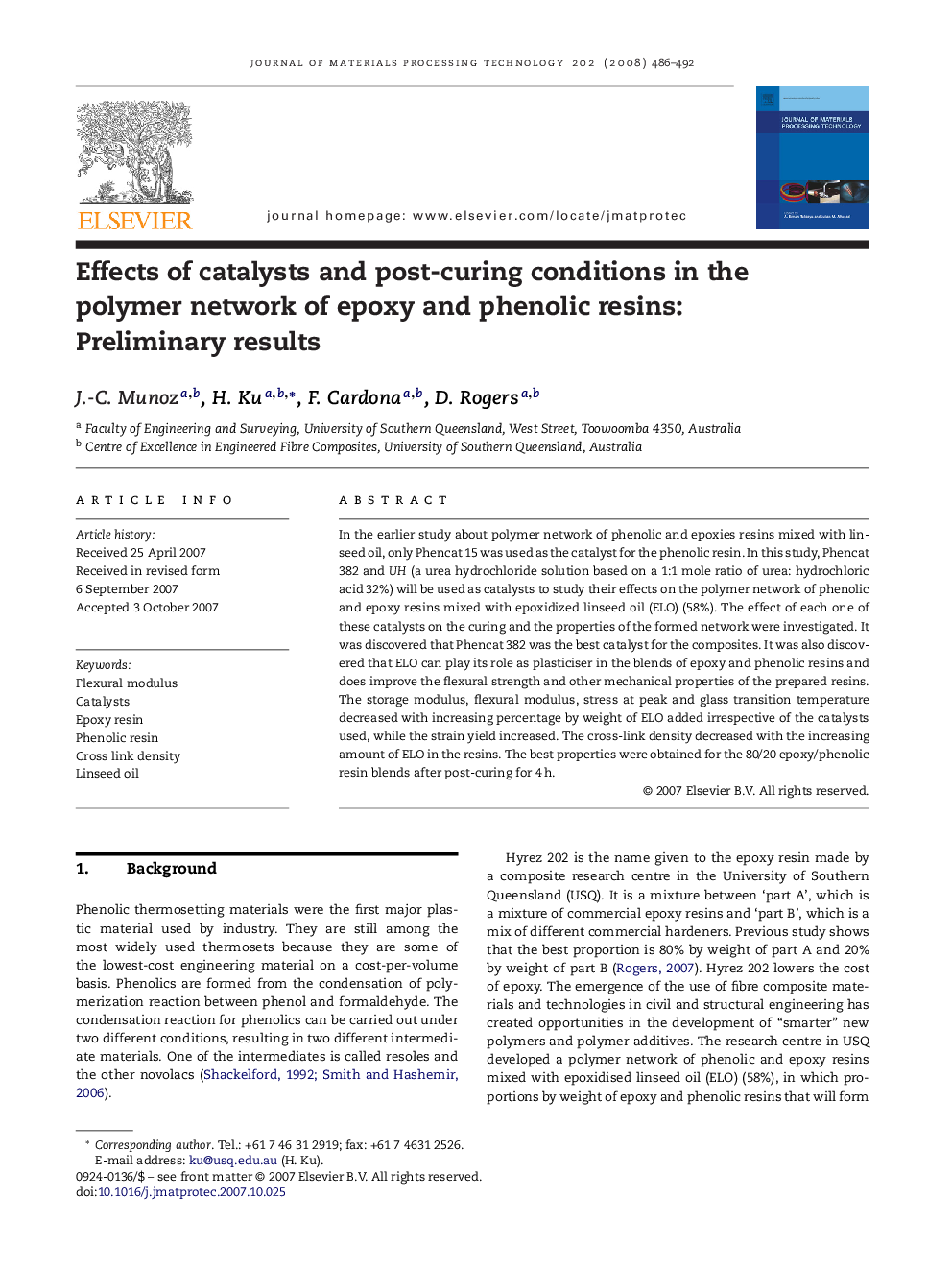 Effects of catalysts and post-curing conditions in the polymer network of epoxy and phenolic resins: Preliminary results