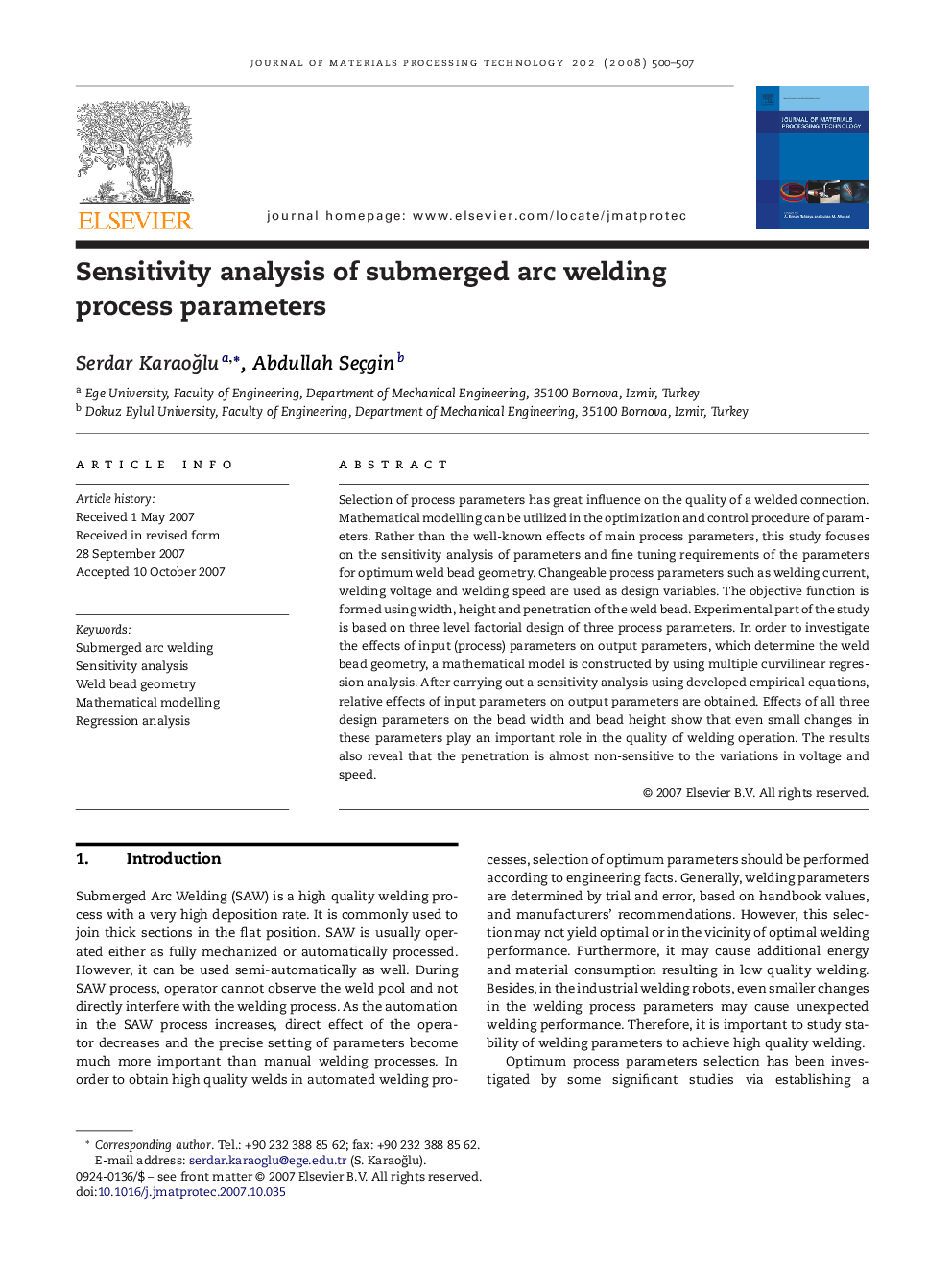 Sensitivity analysis of submerged arc welding process parameters