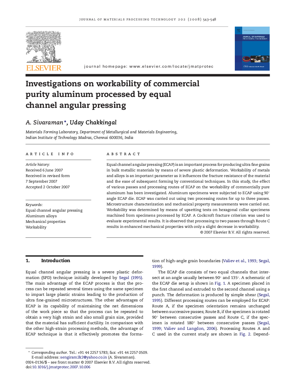 Investigations on workability of commercial purity aluminum processed by equal channel angular pressing