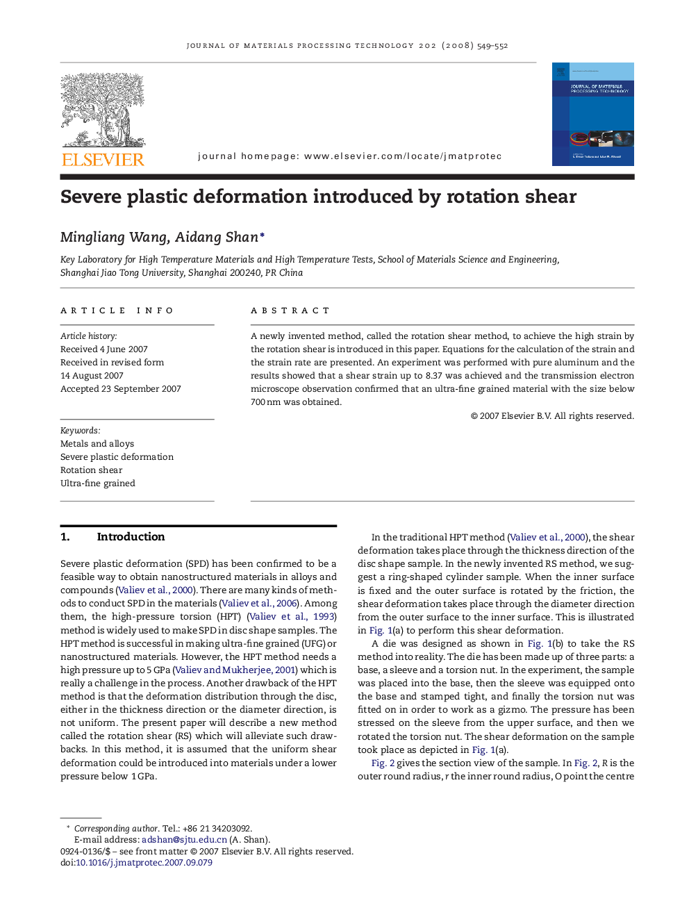 Severe plastic deformation introduced by rotation shear