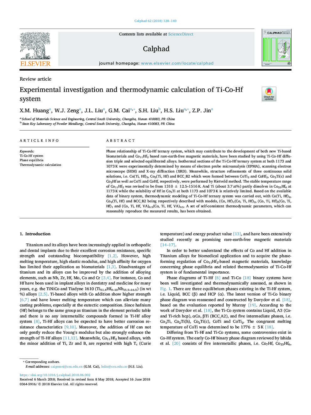 Experimental investigation and thermodynamic calculation of Ti-Co-Hf system