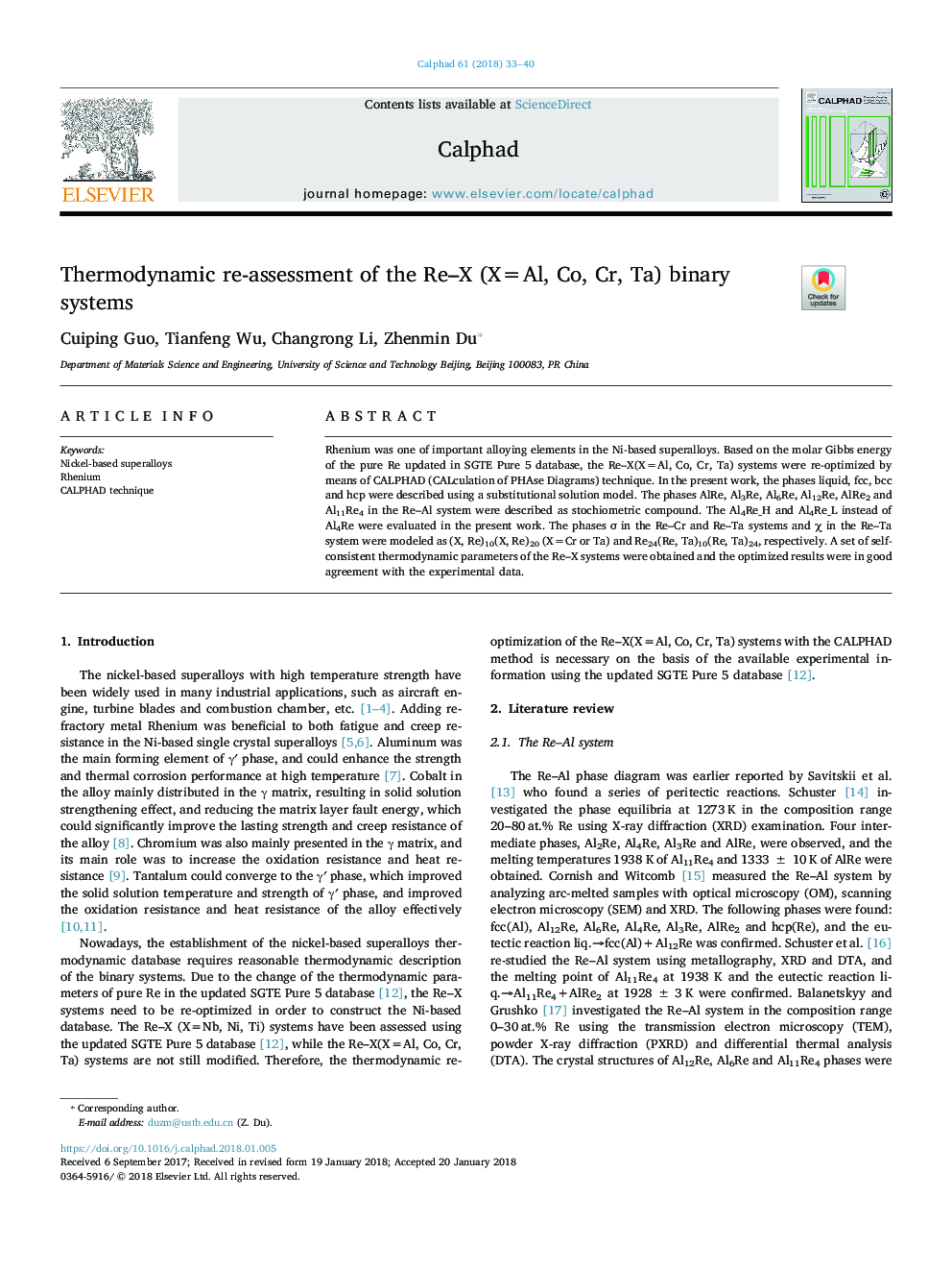 Thermodynamic re-assessment of the Re-X (X=Al, Co, Cr, Ta) binary systems