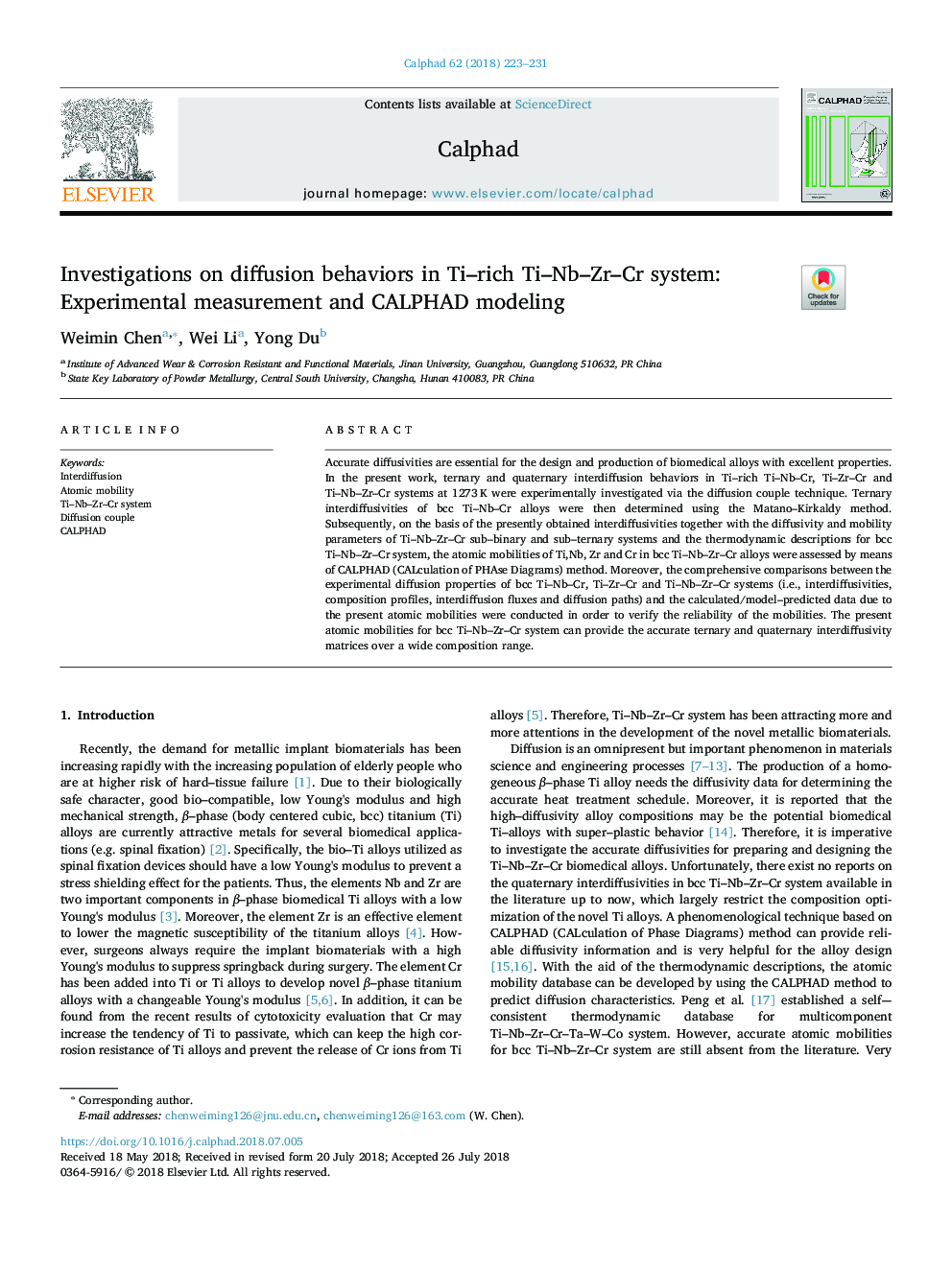 Investigations on diffusion behaviors in Ti-rich Ti-Nb-Zr-Cr system: Experimental measurement and CALPHAD modeling