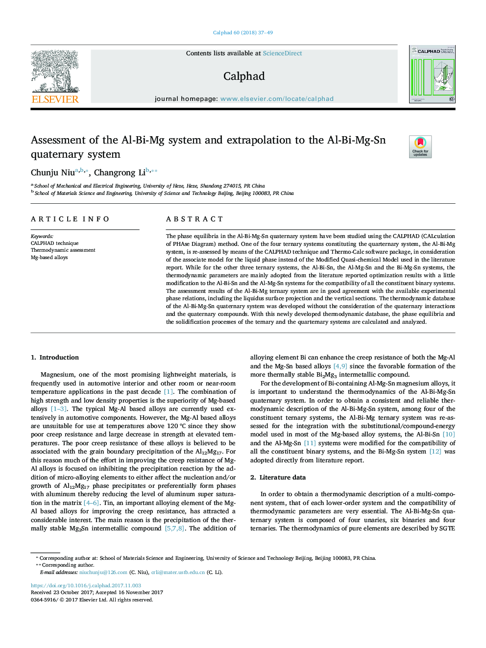 Assessment of the Al-Bi-Mg system and extrapolation to the Al-Bi-Mg-Sn quaternary system