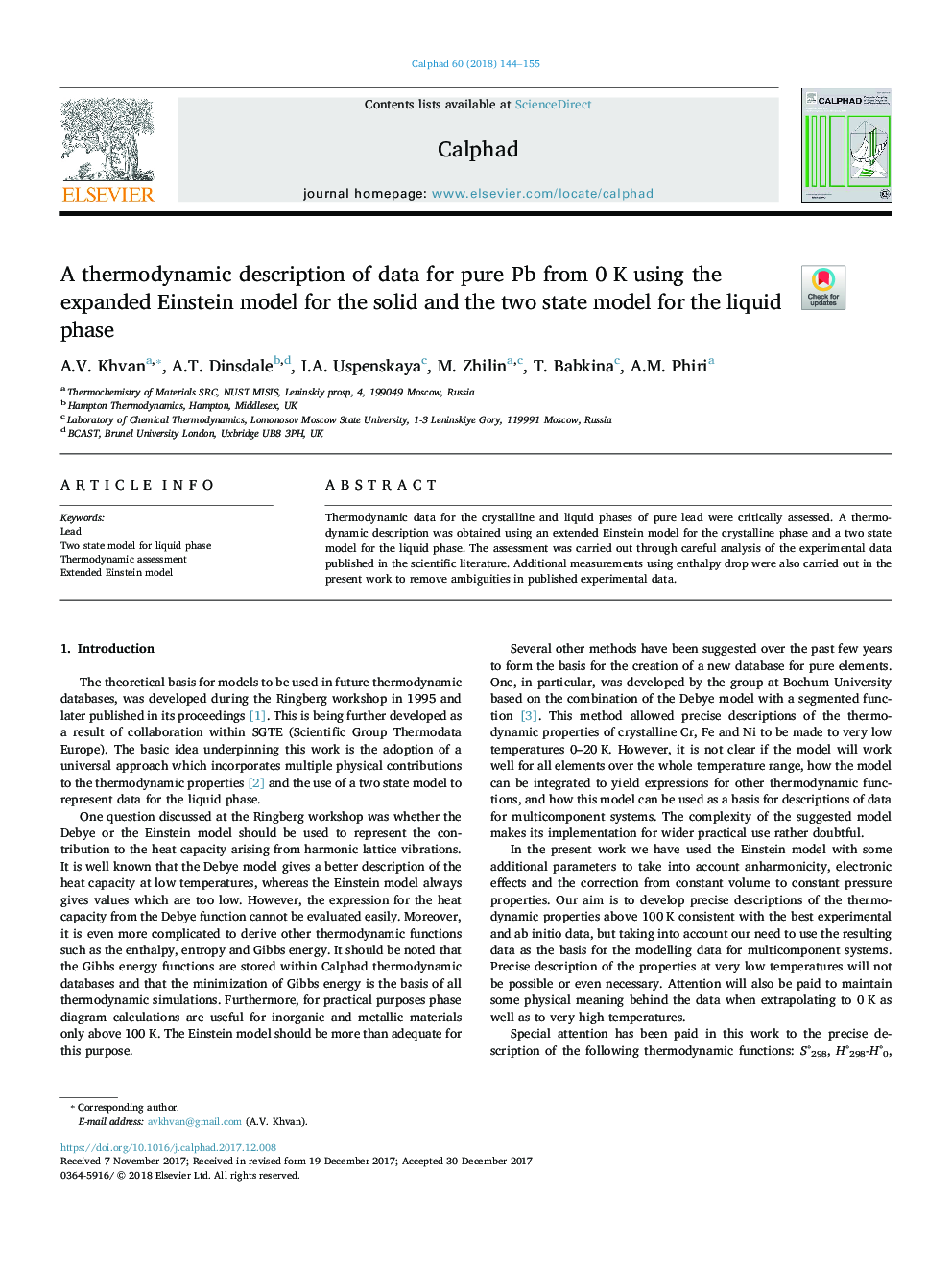 A thermodynamic description of data for pure Pb from 0Â K using the expanded Einstein model for the solid and the two state model for the liquid phase