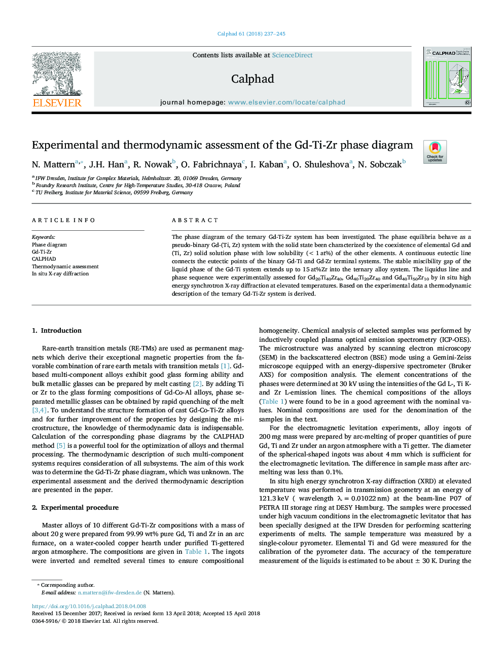 Experimental and thermodynamic assessment of the Gd-Ti-Zr phase diagram