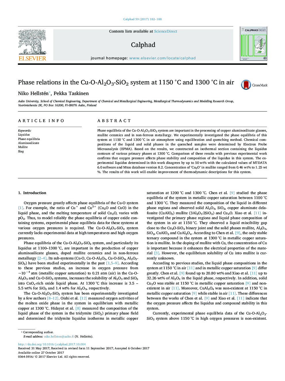 Phase relations in the Cu-O-Al2O3-SiO2 system at 1150Â Â°C and 1300Â Â°C in air