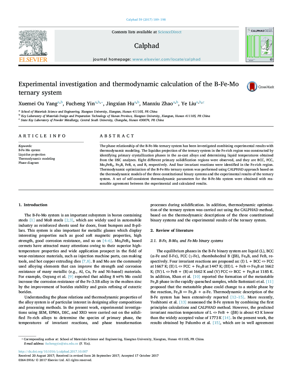 Experimental investigation and thermodynamic calculation of the B-Fe-Mo ternary system