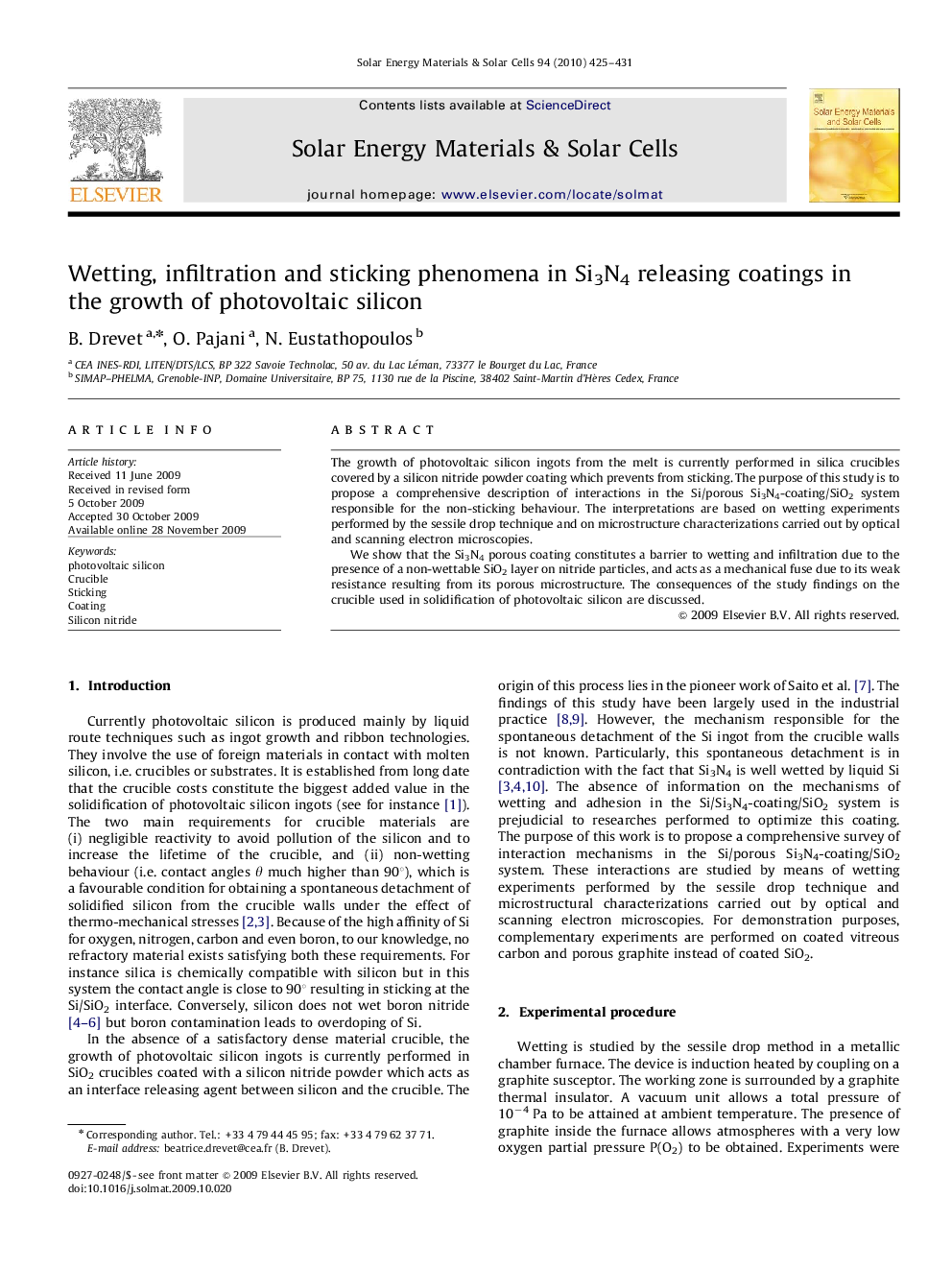 Wetting, infiltration and sticking phenomena in Si3N4 releasing coatings in the growth of photovoltaic silicon