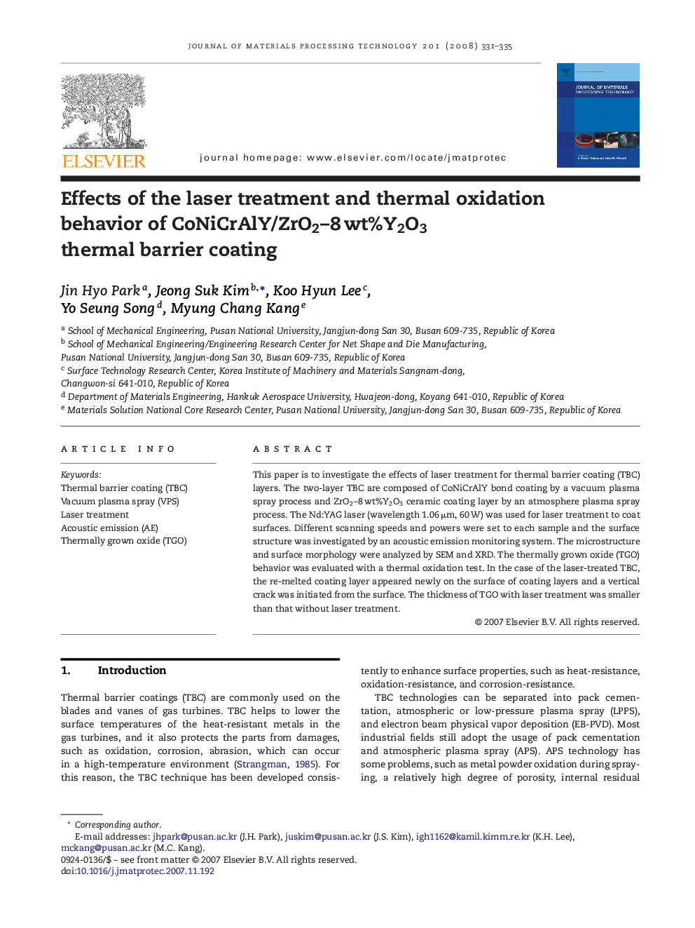 Effects of the laser treatment and thermal oxidation behavior of CoNiCrAlY/ZrO2–8 wt%Y2O3 thermal barrier coating