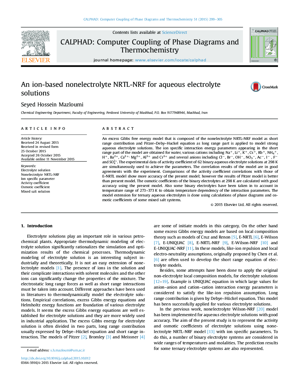 An ion-based nonelectrolyte NRTL-NRF for aqueous electrolyte solutions