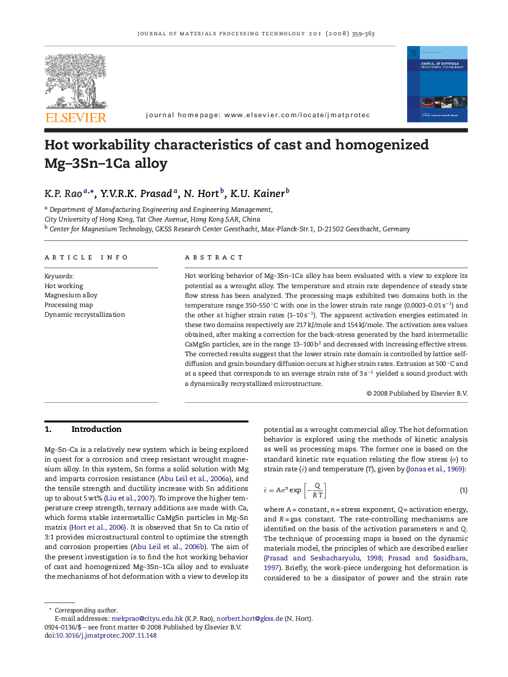 Hot workability characteristics of cast and homogenized Mg–3Sn–1Ca alloy