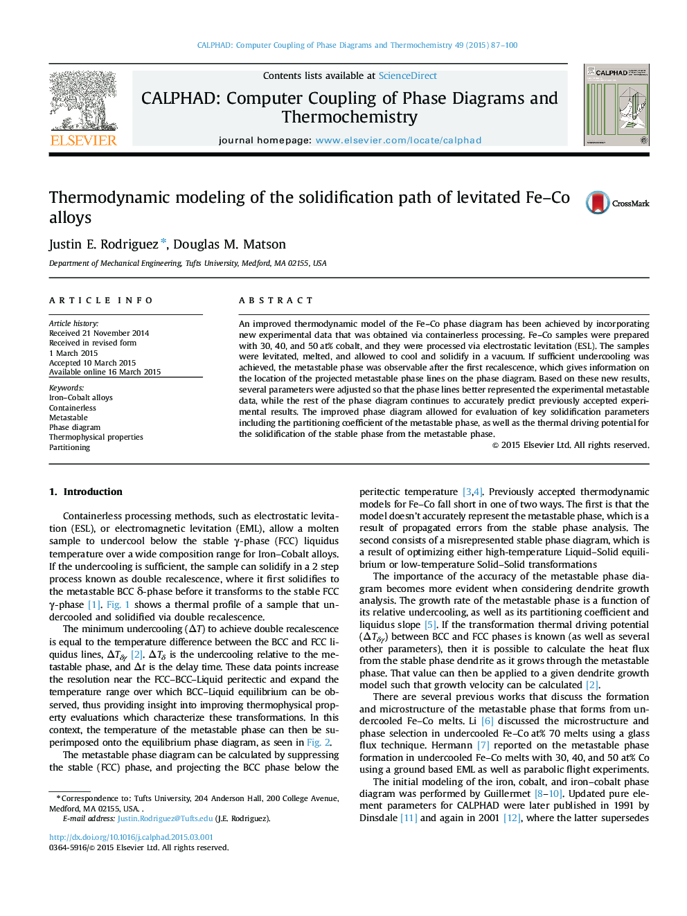 عکس صفحه اول مقاله: Thermodynamic modeling of the solidification path of levitated Fe-Co alloys Thermodynamic modeling of the solidification path of levitated Fe-Co alloys