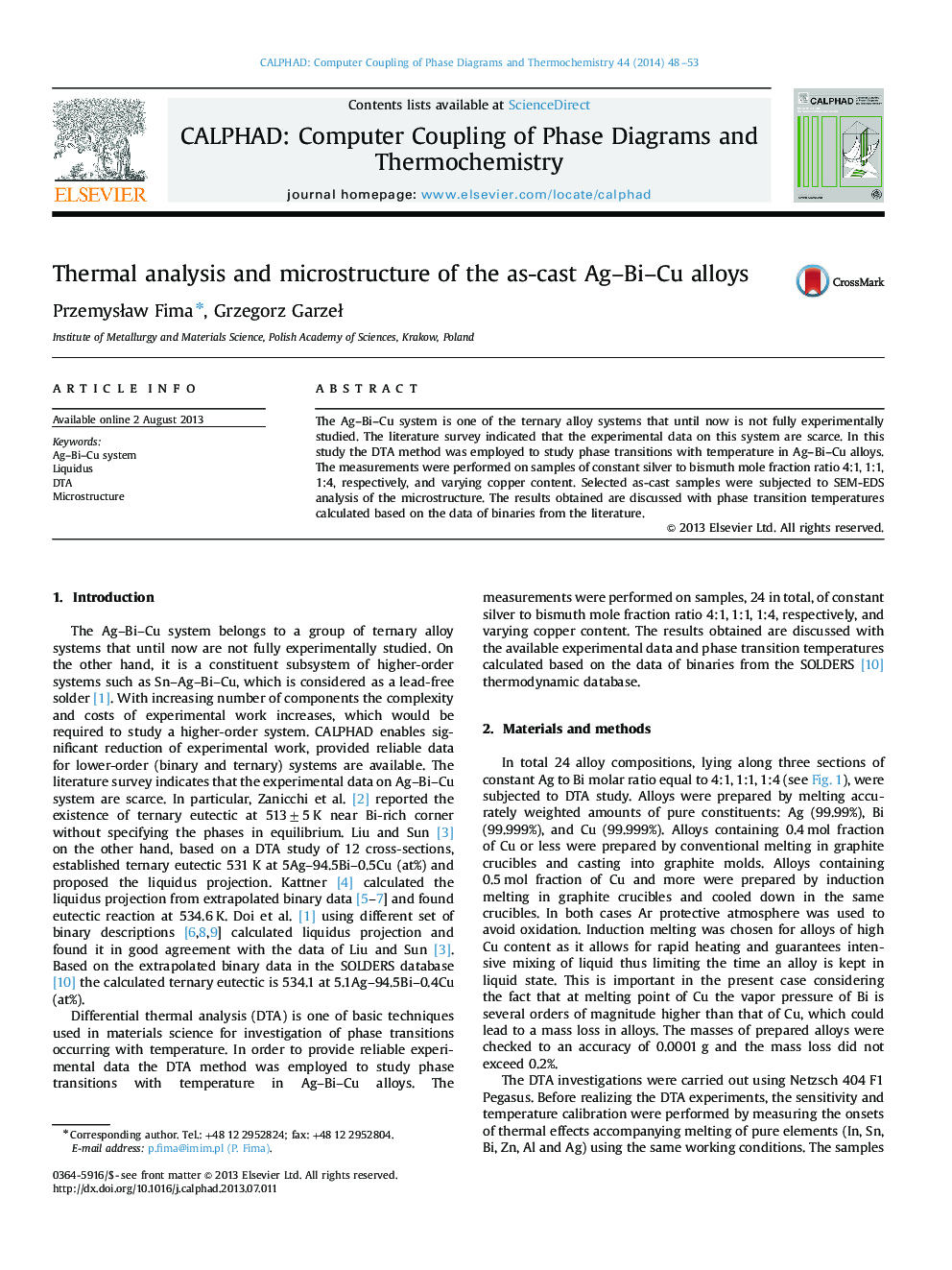 Thermal analysis and microstructure of the as-cast Ag-Bi-Cu alloys