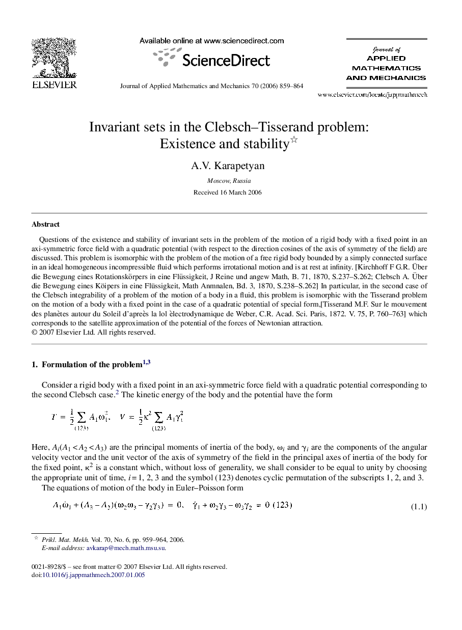 Invariant sets in the Clebsch–Tisserand problem: Existence and stability 