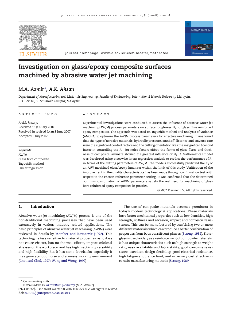 Investigation on glass/epoxy composite surfaces machined by abrasive water jet machining