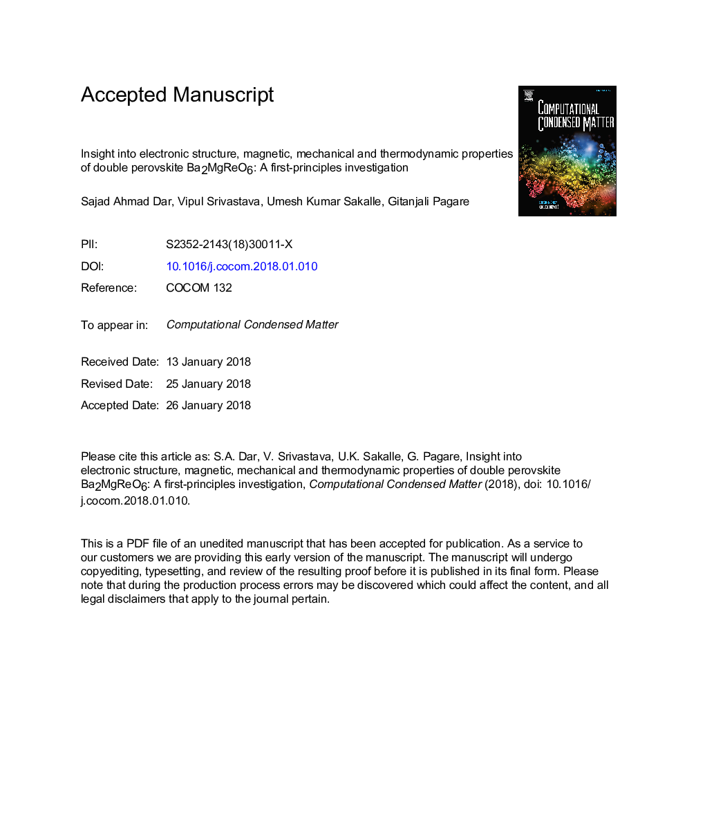 Insight into electronic structure, magnetic, mechanical and thermodynamic properties of double perovskite Ba2MgReO6: A first-principles investigation