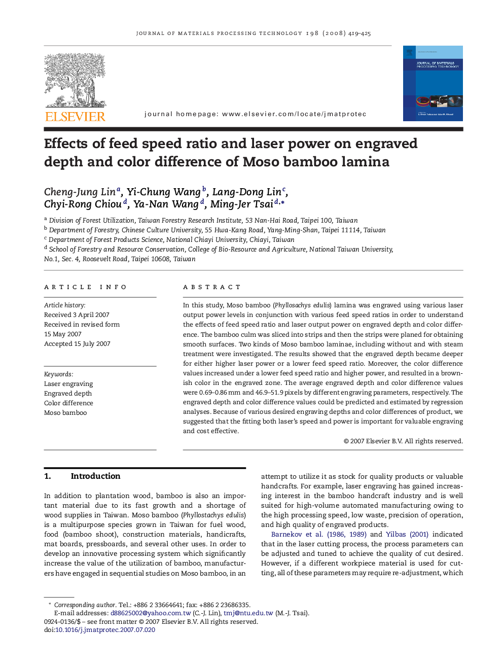 Effects of feed speed ratio and laser power on engraved depth and color difference of Moso bamboo lamina