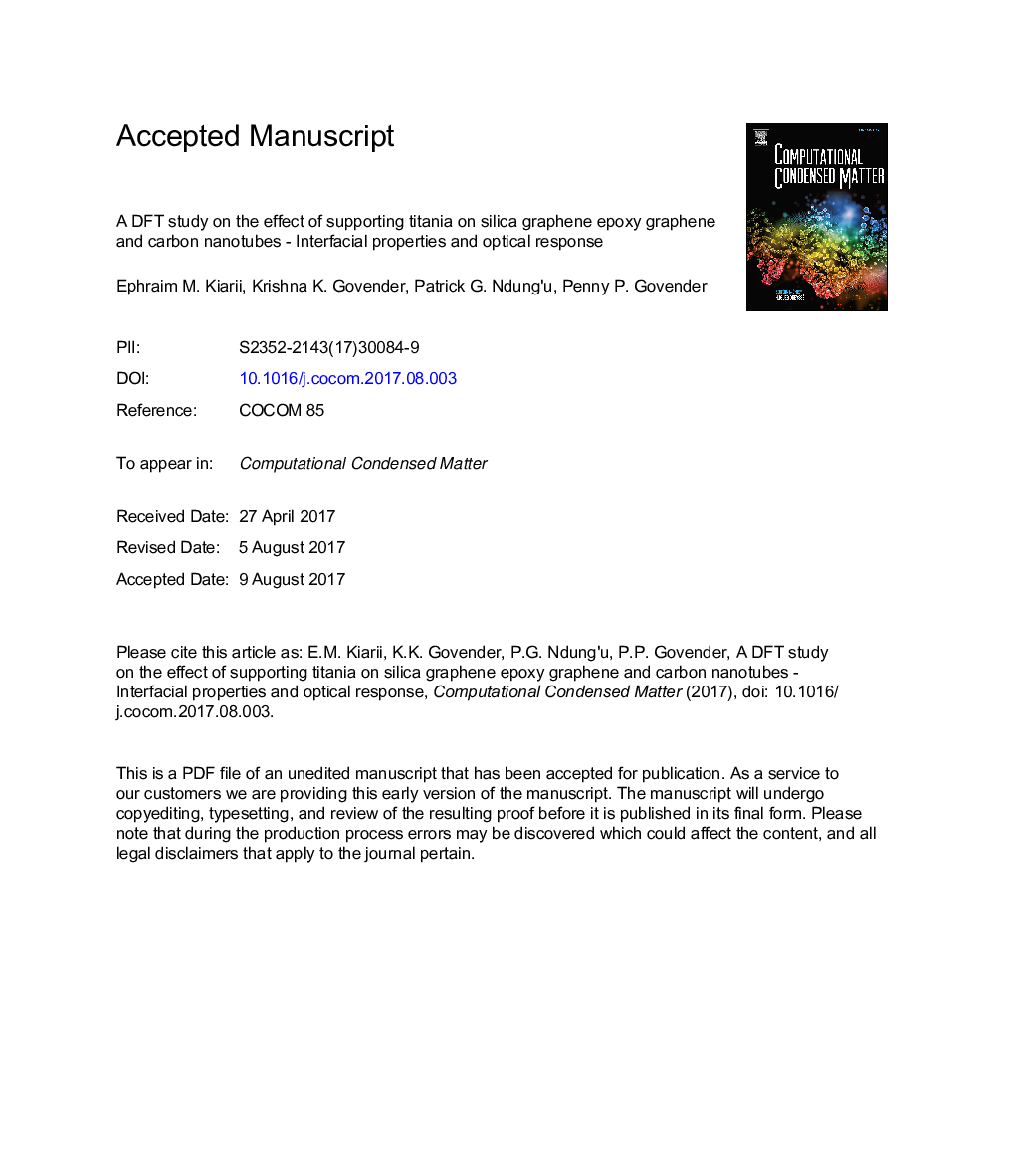 A DFT study on the effect of supporting titania on silica graphene epoxy graphene and carbon nanotubes - Interfacial properties and optical response