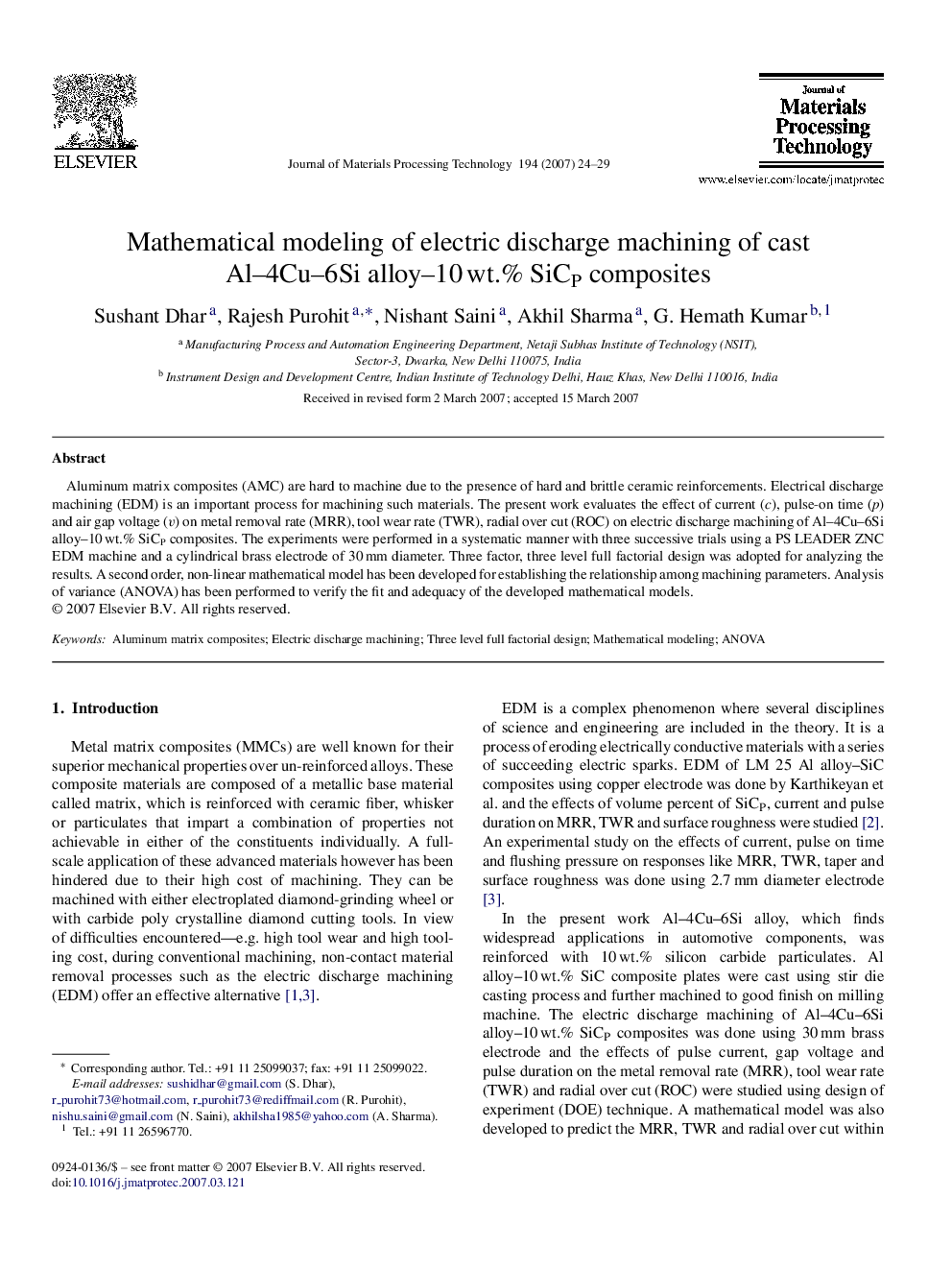 Mathematical modeling of electric discharge machining of cast Al–4Cu–6Si alloy–10 wt.% SiCP composites