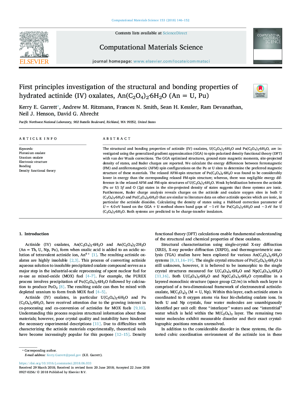 First principles investigation of the structural and bonding properties of hydrated actinide (IV) oxalates, An(C2O4)2Â·6H2O (Anâ¯=â¯U, Pu)