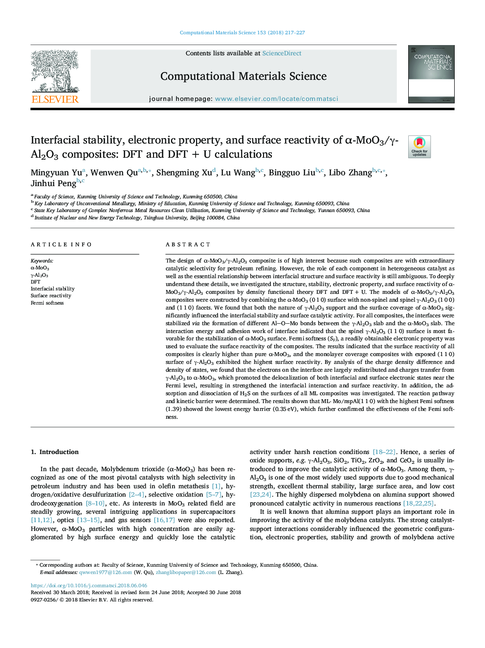 Interfacial stability, electronic property, and surface reactivity of Î±-MoO3/Î³-Al2O3 composites: DFT and DFTâ¯+â¯U calculations