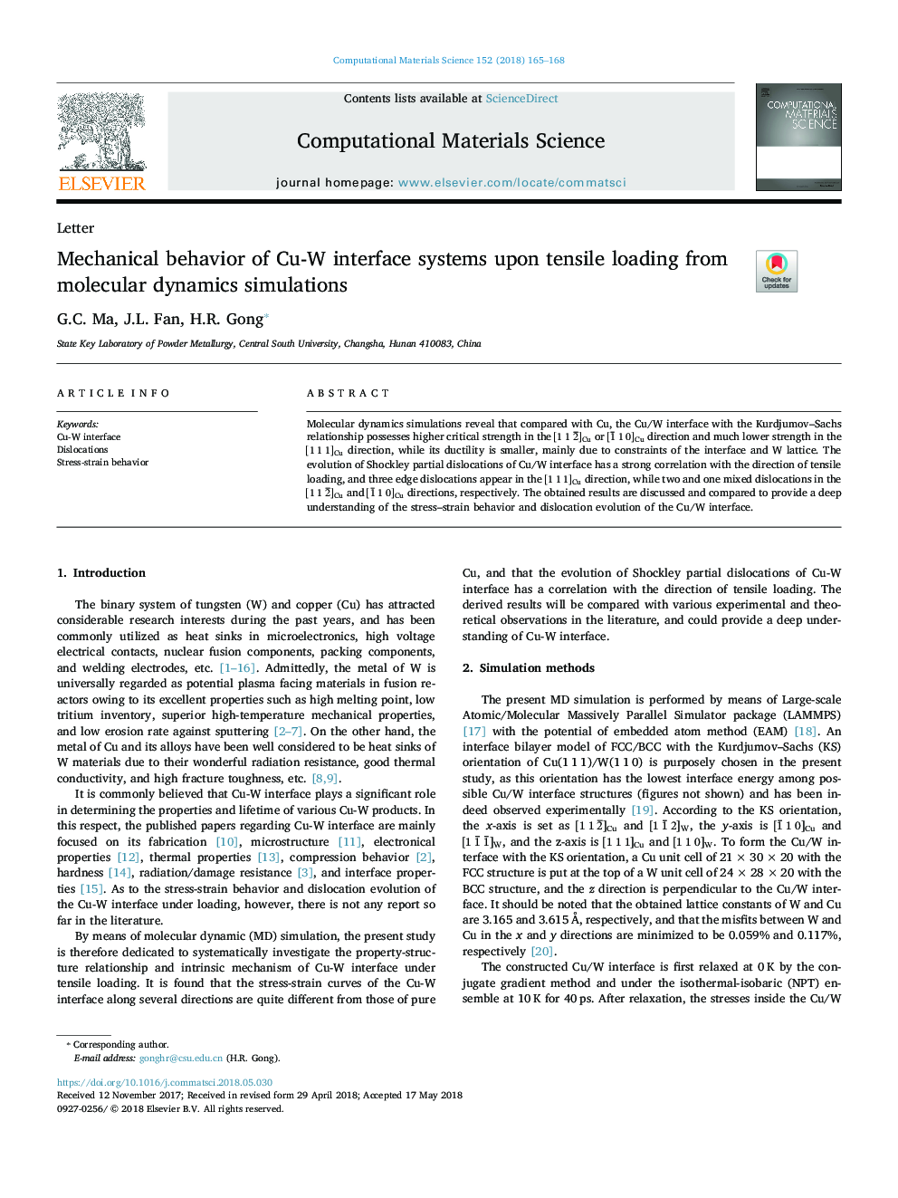 Mechanical behavior of Cu-W interface systems upon tensile loading from molecular dynamics simulations