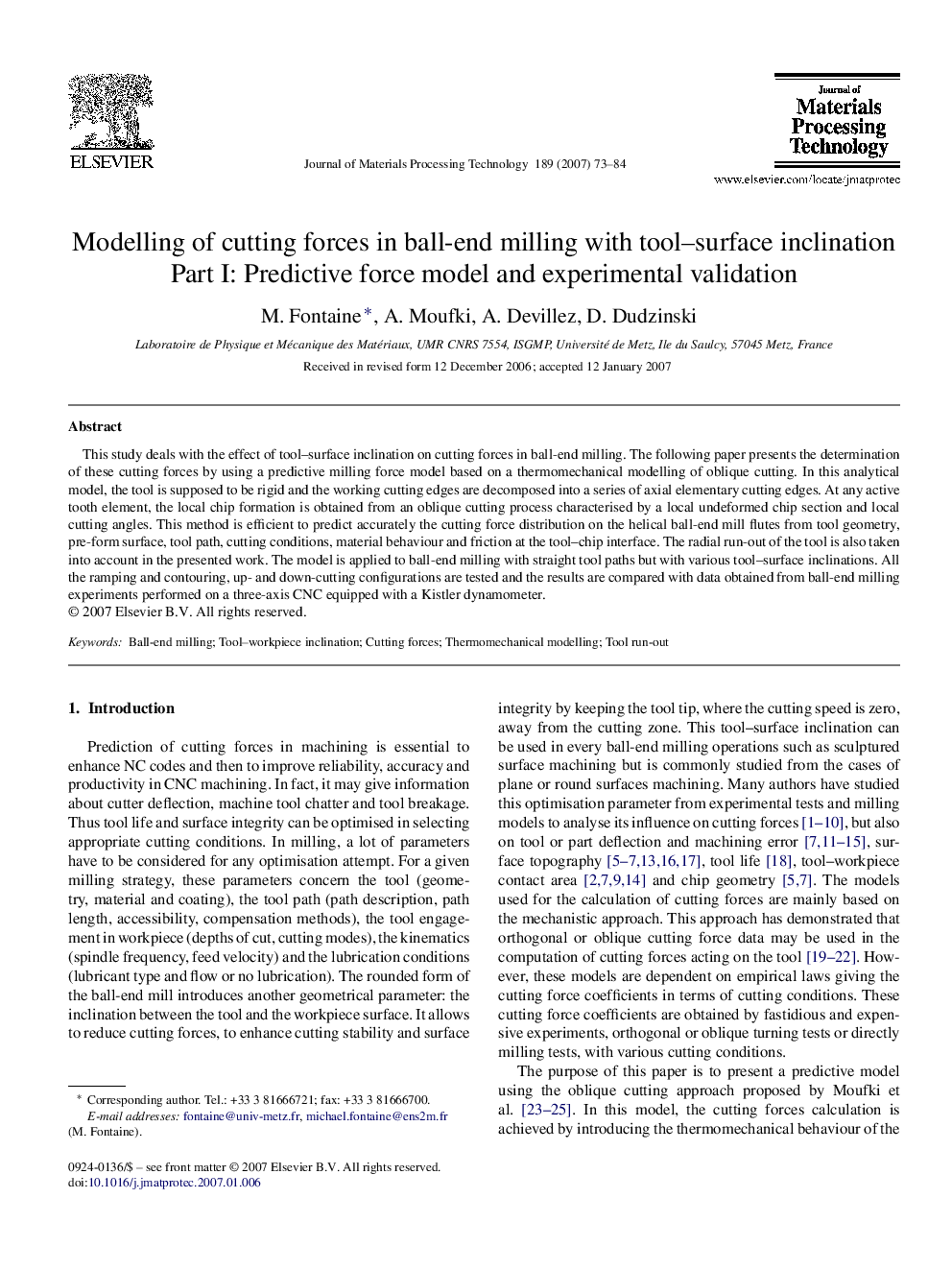 Modelling of cutting forces in ball-end milling with tool–surface inclination: Part I: Predictive force model and experimental validation