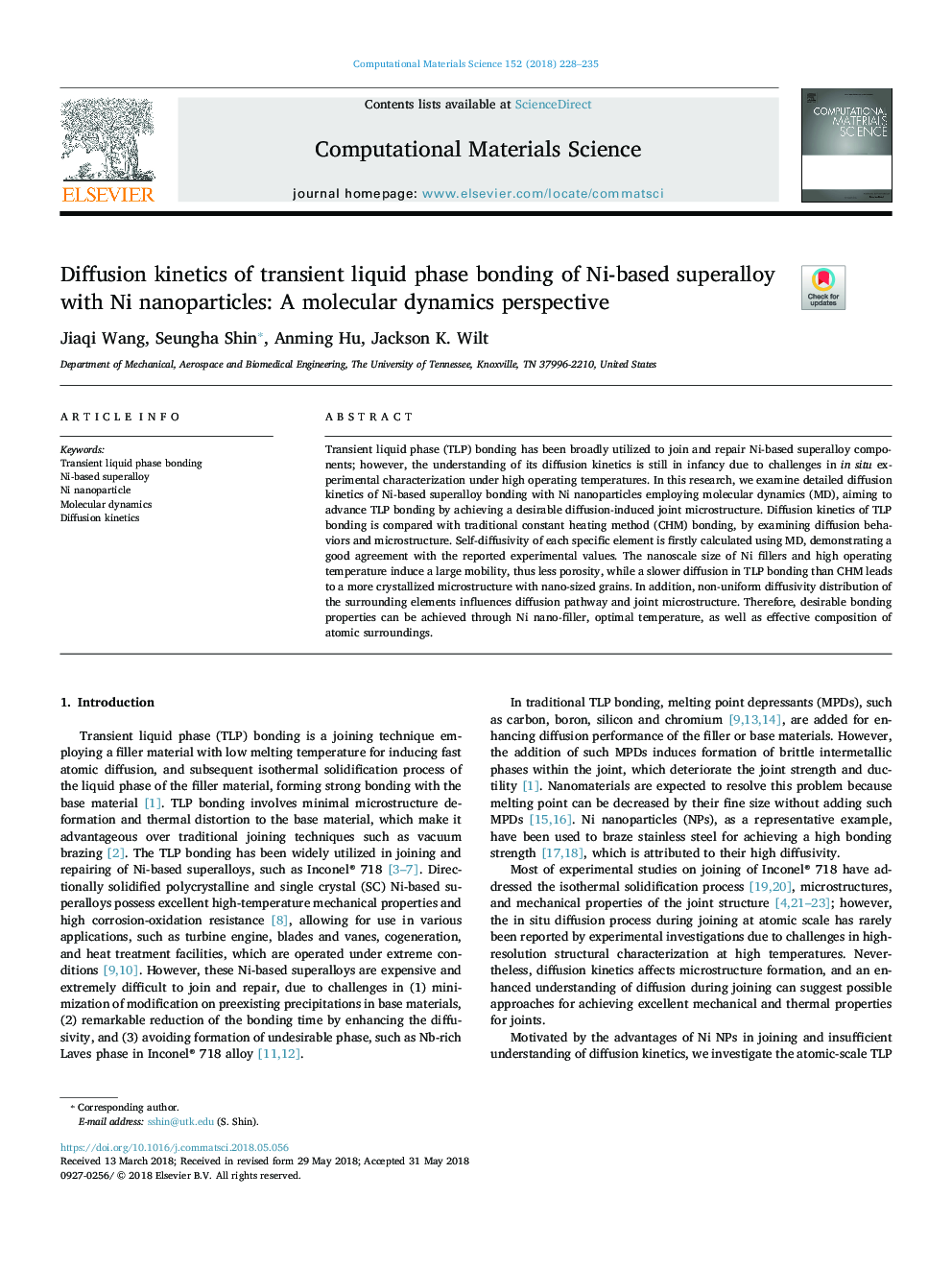 Diffusion kinetics of transient liquid phase bonding of Ni-based superalloy with Ni nanoparticles: A molecular dynamics perspective