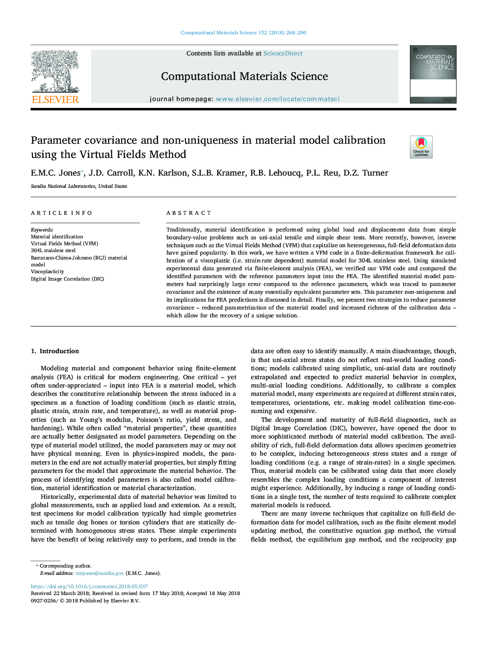 Parameter covariance and non-uniqueness in material model calibration using the Virtual Fields Method