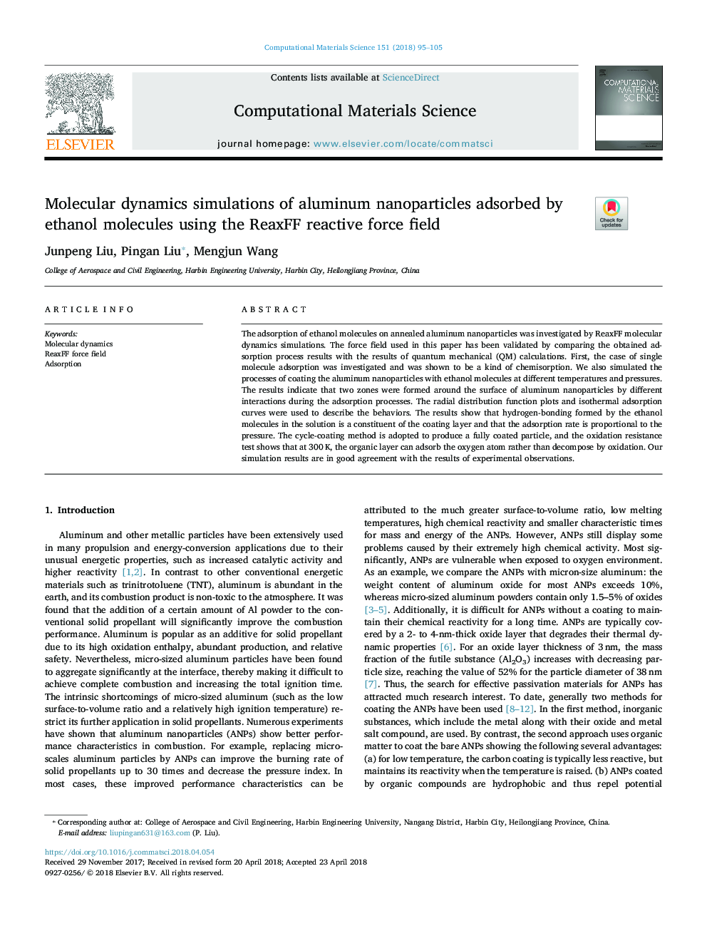 Molecular dynamics simulations of aluminum nanoparticles adsorbed by ethanol molecules using the ReaxFF reactive force field