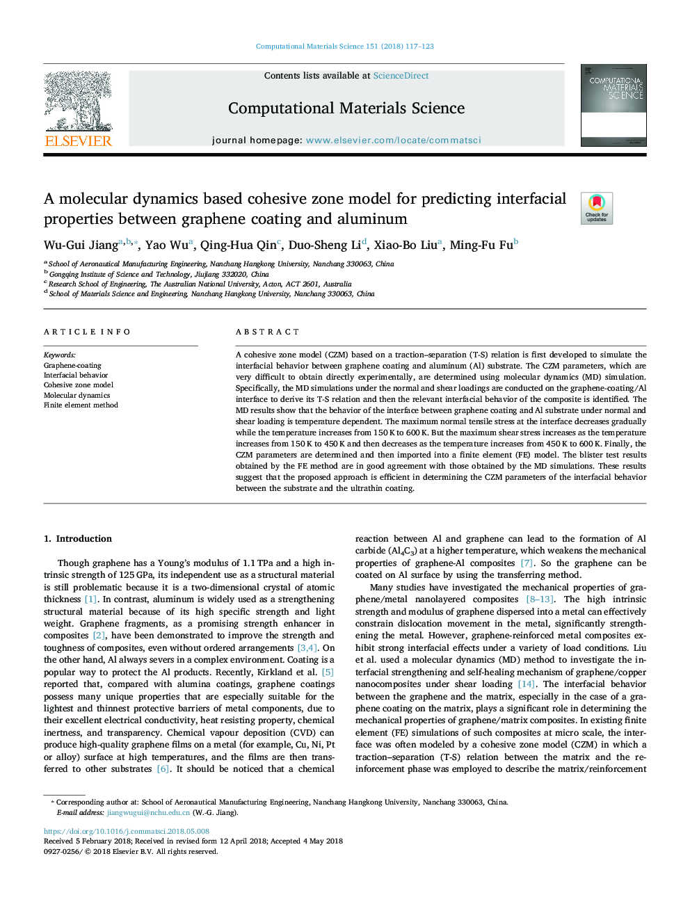 A molecular dynamics based cohesive zone model for predicting interfacial properties between graphene coating and aluminum