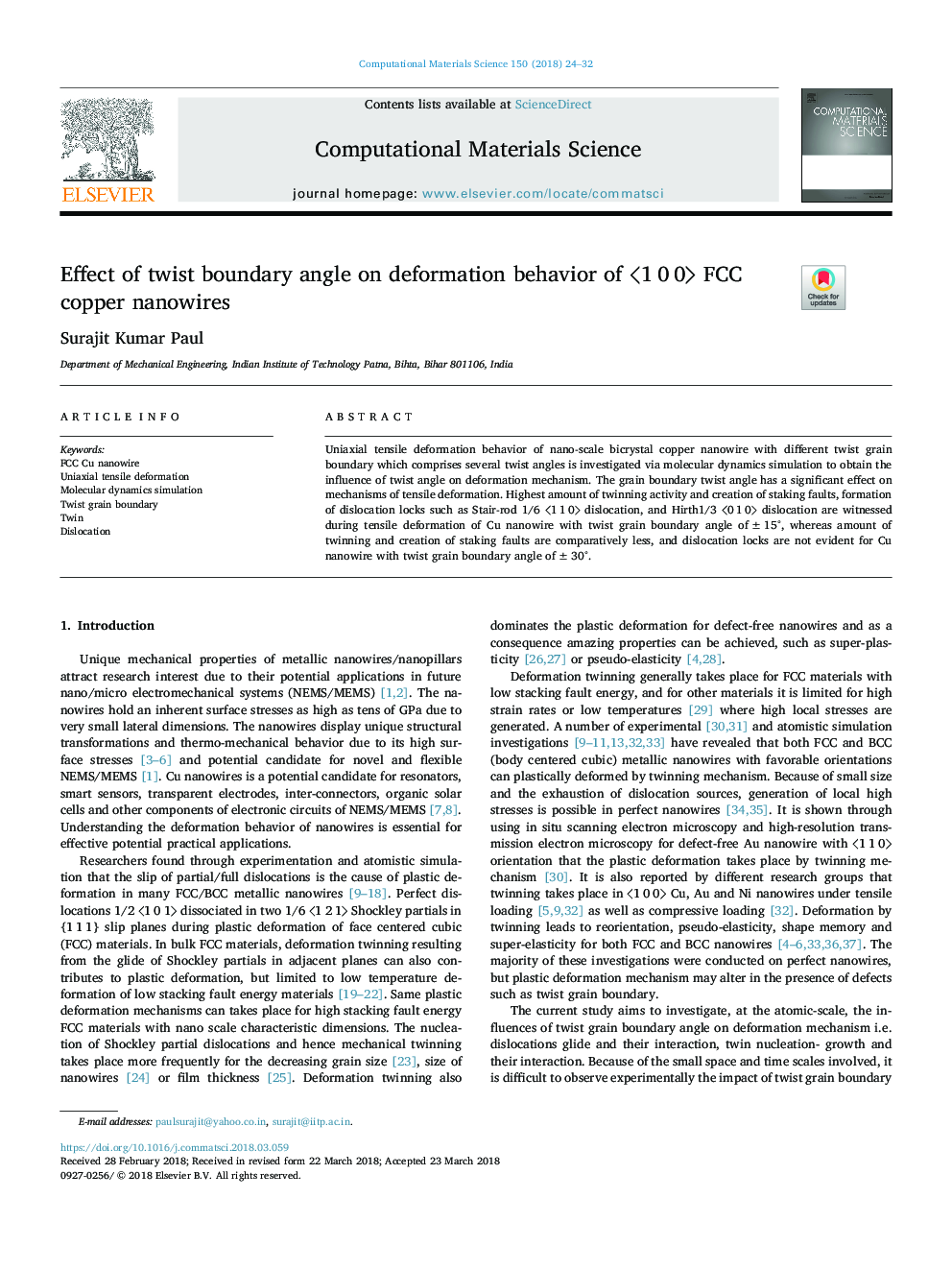 Effect of twist boundary angle on deformation behavior of ã1â¯0â¯0ã FCC copper nanowires