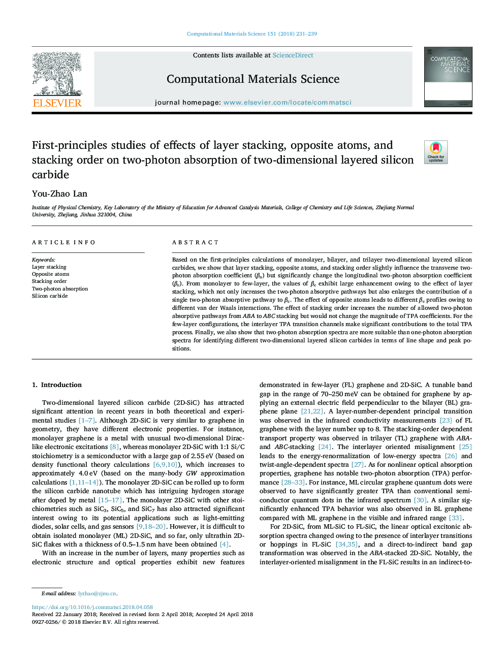 First-principles studies of effects of layer stacking, opposite atoms, and stacking order on two-photon absorption of two-dimensional layered silicon carbide